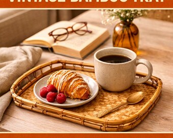 Vintage Wicker Bamboo Serving Tray • 1970s Boho Coffee Table Rattan Tray