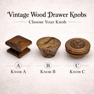 May include: Image of three vintage wood drawer knobs labeled A, B, and C. Knob A is a square shape, Knob B is a cone shape, and Knob C is a round shape with a floral design. The text "Vintage Wood Drawer Knobs" and "Choose Your Knob" are at the top.