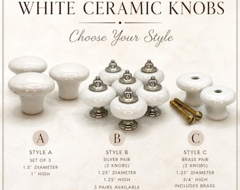 Vintage White Ceramic Cabinet Knobs, Porcelain Drawer Pulls, Choose Your Style, White Furniture Hardware, Dresser Knobs