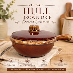 May include: A brown ceramic covered casserole dish with a drip glaze pattern, a side handle, and a lid with a knob. Text on the image reads: VINTAGE HULL BROWN DRIP Covered Casserole. Dimensions are 5.5 inches in diameter, 7.5 inches wide, and 3.5 inches tall.