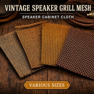 May include: Four square samples of vintage speaker grill mesh and speaker cabinet cloth in varying shades of brown and gold. The fabric textures range from fine weaves to open grid patterns, with text reading VINTAGE SPEAKER GRILL MESH.