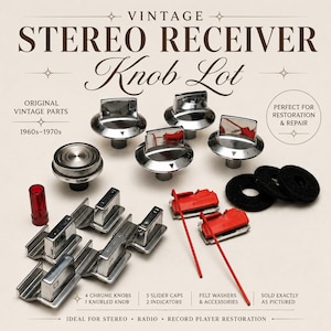 May include: A collection of vintage stereo receiver parts, including chrome knobs, slider caps, felt washers, and indicators. The image features the text "STEREO RECEIVER Knob Lot" and "Original Vintage Parts 1960s-1970s."