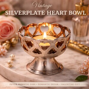 Vintage Silverplate Heart Bowl, Pierced Pedestal Candy Dish, Romantic Decor, Valentine Gift, Silver Compote