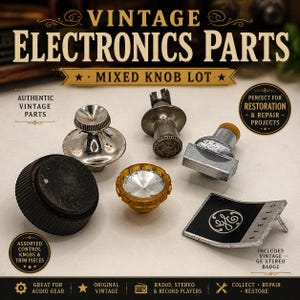 May include: A collection of vintage electronics parts, including assorted control knobs and trim pieces. The image features a mixed knob lot, perfect for restoration and repair projects. Includes a vintage GE stereo badge. Great for audio gear and radio, stereo & record players.