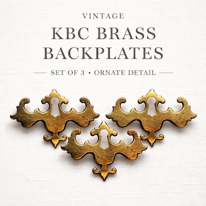 Vintage KBC Brass Backplates Set of 3 • Ornate Drawer Hardware • Mid Century Escutcheons