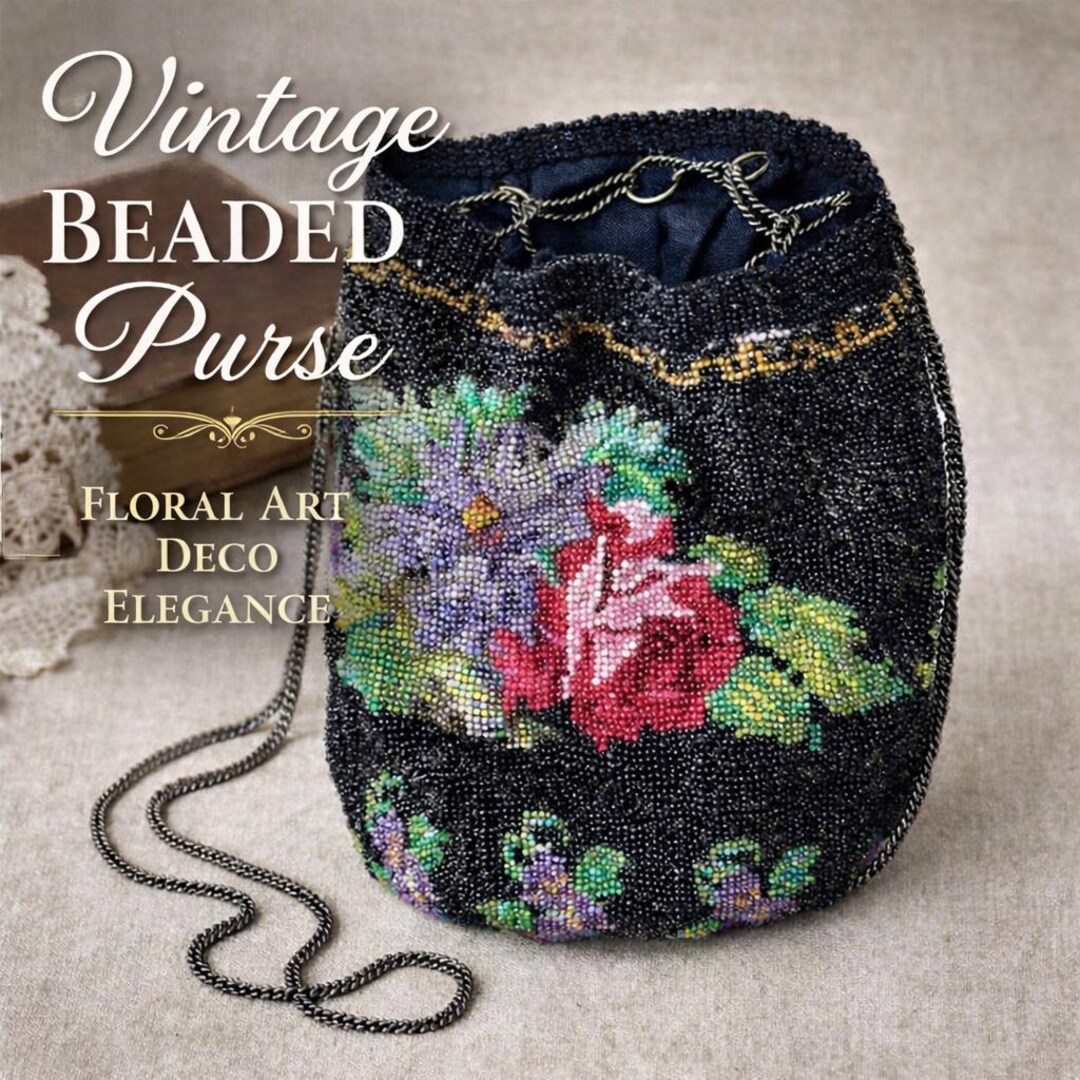Antique Micro Glass Beaded Drawstring Purse | Black Floral Evening Bag ...
