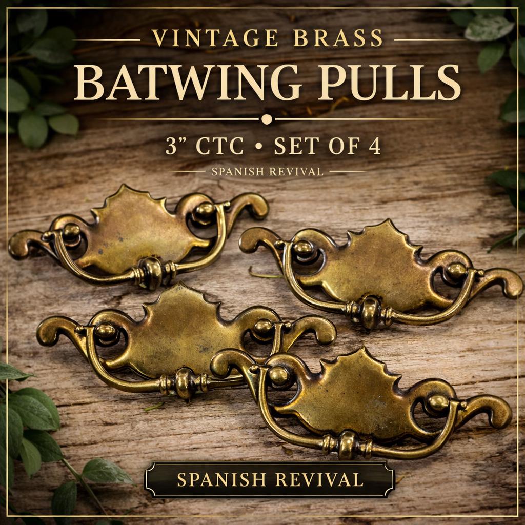 Vintage Brass Batwing Drawer Pulls, Spanish Revival Gothic Cabinet Hardware (Set of 4)