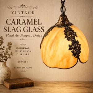 Slag Glass Vintage Pendant Light with Milk Glass Diffuser | Art Nouveau Floral Hanging Lamp | Ready to Hang