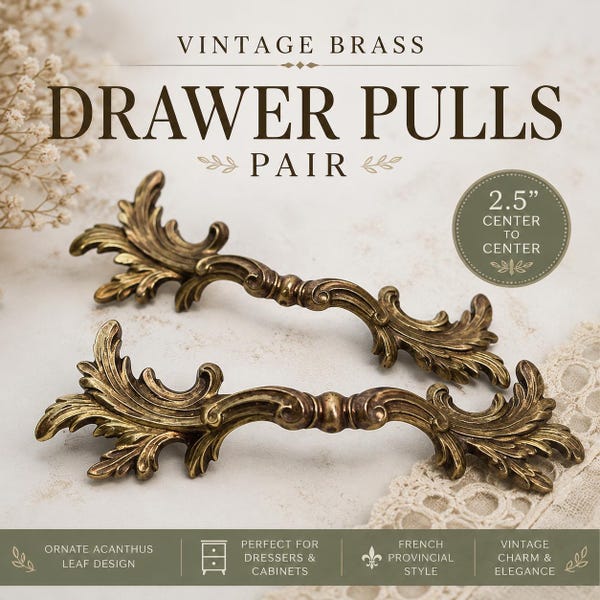 Brass Drawer Pulls Pair | Vintage Ornate Acanthus Leaf Handles | 2.5 Inch Centers French Provincial Dresser Cabinet Furniture Hardware