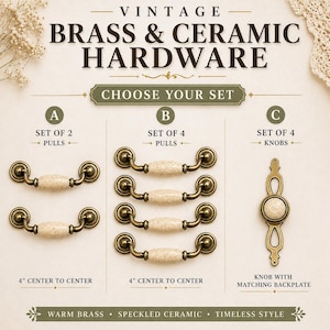 May include: Vintage brass and ceramic hardware sets. Options include sets of pulls and knobs. The pulls are 4 inches center to center. The hardware features warm brass and speckled ceramic for a timeless style.