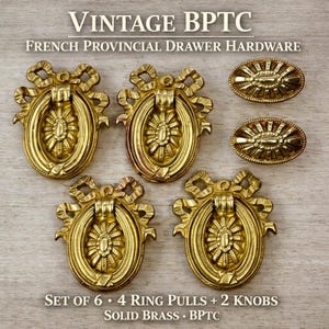 Vintage BPTC French Provincial Drawer Pulls • 4 Ring Pulls & 2 Knobs • Solid Brass