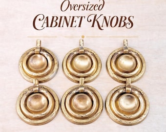 Set of 6 Vintage Solid Brass Cabinet Knobs, Large Round Drawer Pulls (2.25")