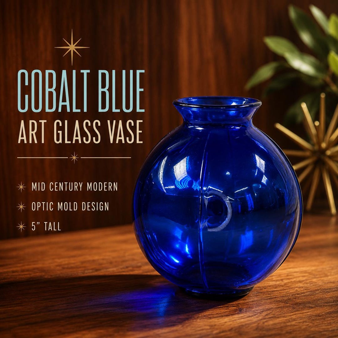 Vintage Cobalt Blue Art Glass Vase, Mid Century Modern Globe Vase ...