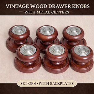 Vintage Wood Knobs w/ Backplates – Set of 6