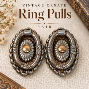 Ornate Ring Pulls Pair, Vintage Silver Tone Brass Accent Drawer Pulls, 2.5 Inch Furniture Hardware, Victorian Revival Cabinet Handles