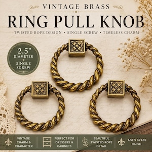 May include: Three vintage brass ring pull knobs featuring a twisted rope design and a square mounting base with a floral pattern. Each knob has a 2.5-inch diameter and is designed for a single screw installation, showcasing an aged brass finish.