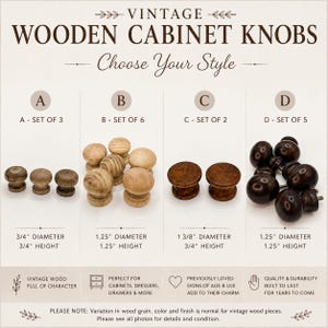 May include: A display of vintage wooden cabinet knobs categorized into four sets labeled A, B, C, and D. Set A has three light knobs, B has six light knobs, C has two dark knobs, and D has five dark knobs. Dimensions range from 0.75 to 1.375 inches.