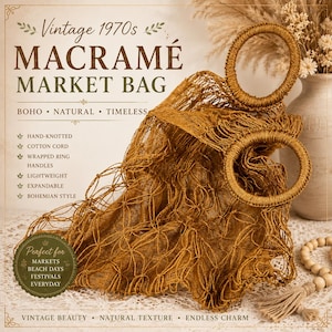 May include: A mustard-colored macramé market bag featuring a net-like knotted design and two circular wrapped ring handles. The bag is displayed with text overlays including Vintage 1970s Macramé Market Bag, hand-knotted, cotton cord, and lightweight.