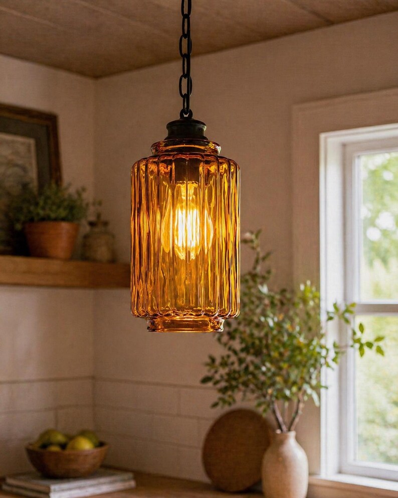 Vintage Amber Glass Cylinder Shade | Ribbed Optic Mid Century Pendant ...