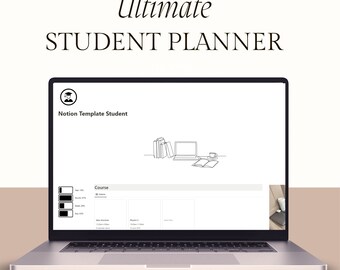 Könnte beinhalten: Ein Laptop-Bildschirm zeigt eine Notion-Vorlage für Studenten. Der Bildschirm zeigt eine einfache Strichzeichnung von Büchern, einem Laptop und einer Kaffeetasse. Der Text "Notion Template Student" und "Course" ist auf dem Bildschirm sichtbar.