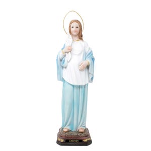 May include: A religious figurine of a woman in a white and light blue gown, with a gold halo. The statue has a serene expression and is standing on a decorative base with the text "La Dulce Espera".