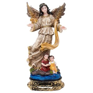 May include: A white and gold angel figurine with wings, holding a yellow sash. The angel is standing on a blue and gold base with the text "Angel De La Guarda". Two children are sitting at the angel's feet.
