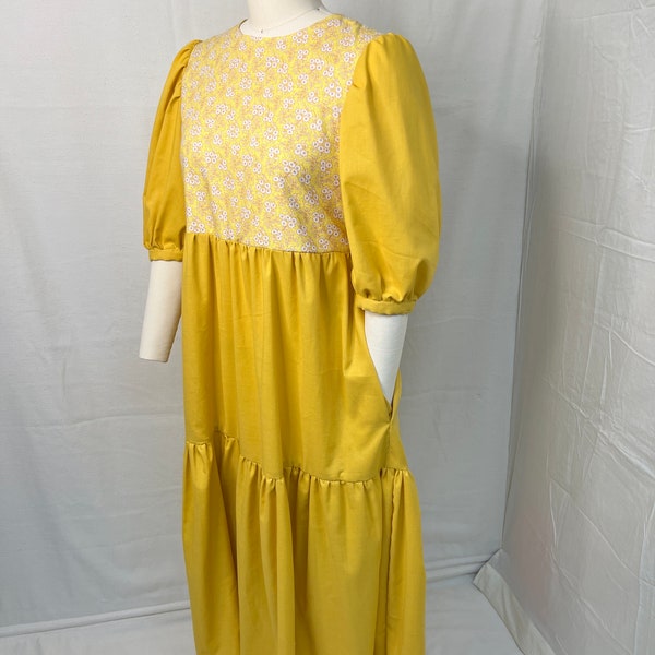 Honey yellow dress upcycled repurposed from a bed sheet - long maxi dress with headband