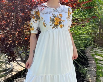Yellow roses dress upcycled repurposed vintage printed linen tablecloth - long maxi dress
