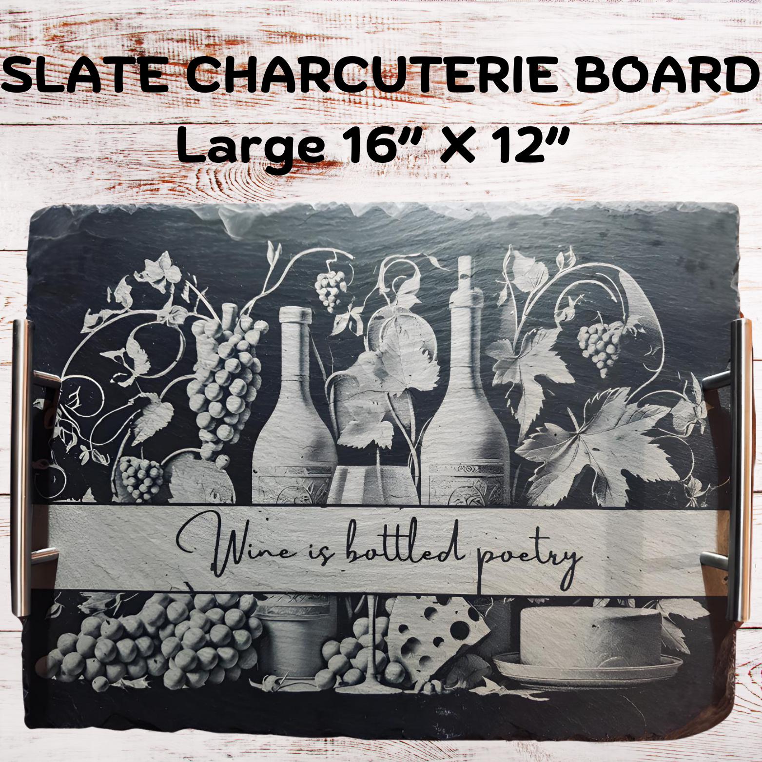 Wine Is Bottled Poetry - Slate Charcuterie Serving Tray with Handles - Slate - Large - 16" x 12"