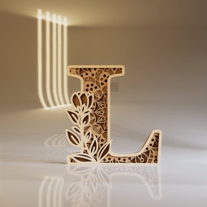 Letra L SVG, iniciales de madera, alfabeto cortado con láser, monograma floral PNG, archivo de corte de papel 3D, Cricut, Glowforge, descarga digital instantánea