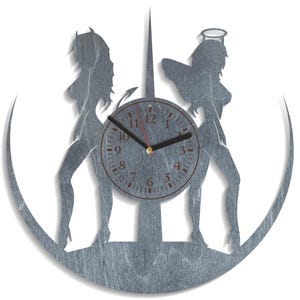 Silueta de mujer, diseño de ángel y demonio, corte láser en madera, archivo Glowforge, patrón de reloj, descarga instantánea