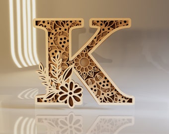 Letter K SVG, Laser Cut Monogram, Multilayer SVG, Floral Initials, Wood Alphabet Letters, Digital Download,  CNC Router Files, Cricut Crafts