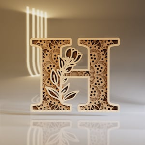 H Letter SVG, Laser Cut Alphabet, Wood Initials Sign, Floral Monogram, Layered Design, Papercut Templates, Cricut Crafts, Digital Download