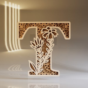Manualidades con la letra T, Alfabeto 3D SVG, Iniciales cortadas con láser, Letras florales PNG, Plantillas de grabado, Recorte de madera contrachapada, Descarga instantánea
