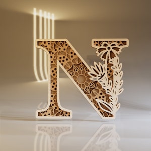 Letra N SVG, Alfabeto botánico, Archivo de corte láser multicapa, Arte recortado en papel, Monograma de madera, Inicial de flor SVG, Proyecto Cricut 3D