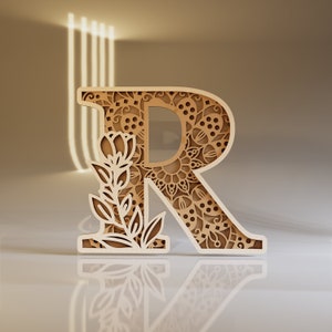 Patrón de la letra R, SVG 3D para madera, inicial de flor, alfabeto de mandala, archivos DXF compatibles con láser, descarga digital, archivo de corte Cricut en capas 3D