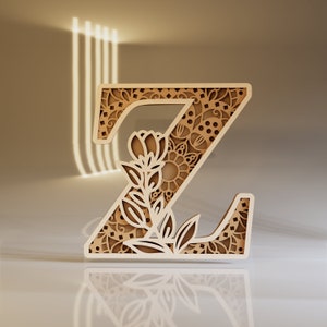 Letter Z, Layered Wood Cutting, Alphabet Mandala, Cricut, Glowforge Template, Name Initial Sign, Laser Cut Monogram, Digital Download