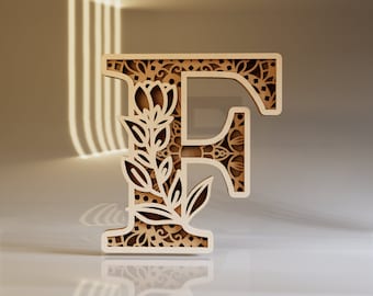 Letter F Sign, Layered Alphabet SVG, Wood Laser Cut, Digital Download, Floral ABC, 3D Letters For Cricut, Engraving Templates, Cricut DXF