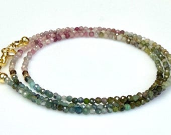 Minimalist Triple Wrap Bracelet featuring gradient rainbow multicolor tourmaline, choice of sterling silver or vermeil clasp