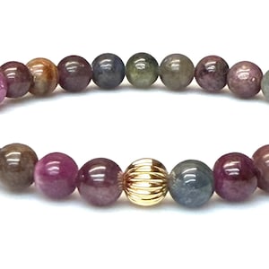 Natural Africa Red Corundum/Ruby and Sapphire Bead Stretch Bracelet, choice of no accent bead, gold filled or sterling silver accent bead