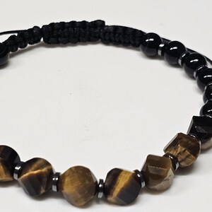 Men&#39;s or Women&#39;s Triple protection macrame bracelet featuring twist Tiger eye beads, hematite, and black obsidian.