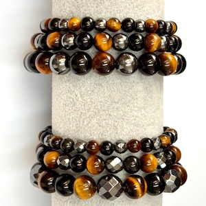 Men&#39;s or Women&#39;s TRIPLE PROTECTION BRACELET (Tiger eye, hematite, black obsidian), available in 3 bead sizes & optiion of hematite style