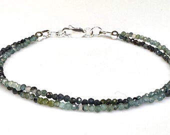 Blue Tourmaline double strand bracelet with gradient ombré pattern, choice of Sterling Silver or Vermeil clasp