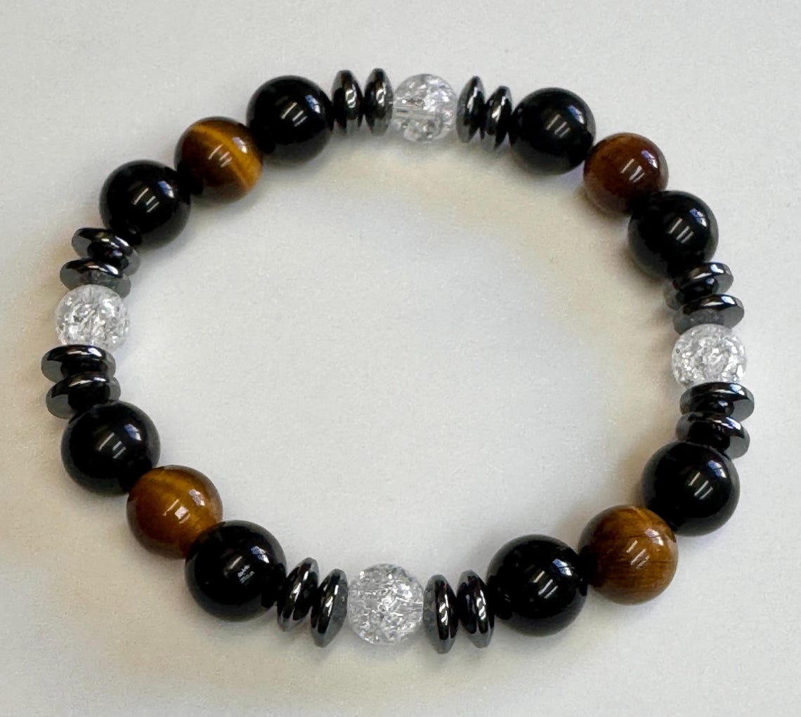 Triple Protection Stone Bracelet - Obsidian, Tiger Eye & Hematite Bangle For Men & Women
