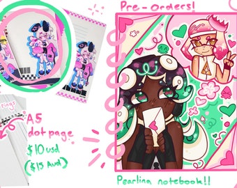 May include: A pink and green spiral notebook with a cartoon illustration of a character with green hair and brown skin holding a letter. The notebook has a pink border and the text "Pearlina notebook!!" is printed on the bottom. The text "Pre-Orders!" is printed at the top of the notebook.
