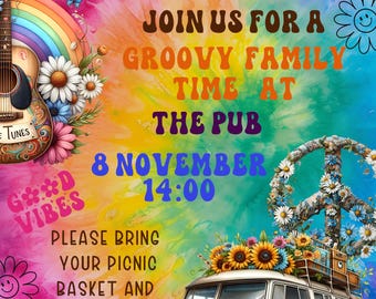 May include: A colorful psychedelic poster with a rainbow, flowers, and a guitar. The poster advertises a "Year End Function" at "The Pub" on November 8th at 2:00 PM. It encourages attendees to bring a picnic basket and braai meat. The poster also states that a cash bar and side dishes will be provided.