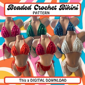 May include: Beaded crochet bikini pattern. This is a digital download. The image shows five different colour variations of the bikini pattern: red, green, blue, white, and orange.