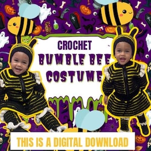 Könnte beinhalten: Ein gehäkeltes Hummelkostüm für ein Baby. Das Kostüm ist gelb-schwarz gestreift mit einer schwarzen Häkelmütze und Flügeln. Der Text "CROCHET BUMBLE BEE COSTUME" befindet sich auf einem weißen Hintergrund mit grünem und violettem Rand. Der Text "THIS IS A DIGITAL DOWNLOAD" befindet sich auf einem gelben Hintergrund.