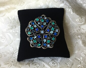 Vintage 1950's Womens Brooch with Blue and Green Rhinestones set in Silver Tone Metal