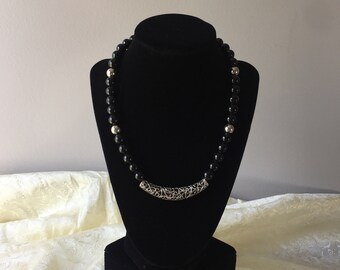 Handmade Beaded Necklace with Black Onyx Sterling Silver Round Accent Beads and Sterling Silver Filigree Center